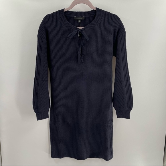 NWT Ann Taylor Navy Blue Ribbed Knit Tie Front Pattern Sleeve Sweater Dress - Picture 1 of 10